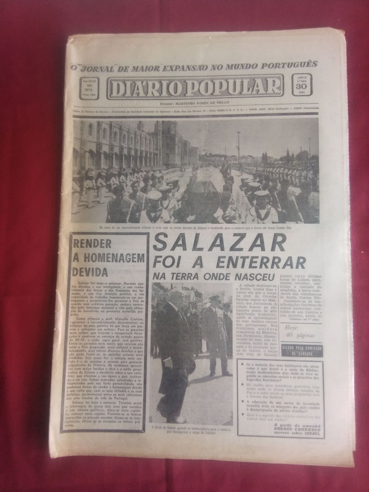 4 Jornais A Morte do presidente Salazar. Julho 1970