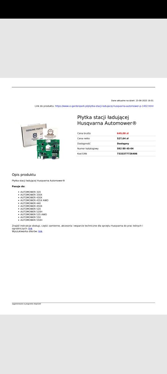 Płytka stacji ładującejHusqvarna Automower®
