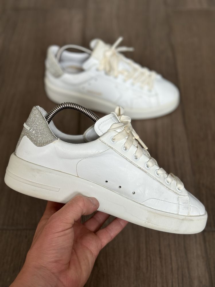 Golden Goose White/Silver Leather and Glitter Purestar Sneakers
