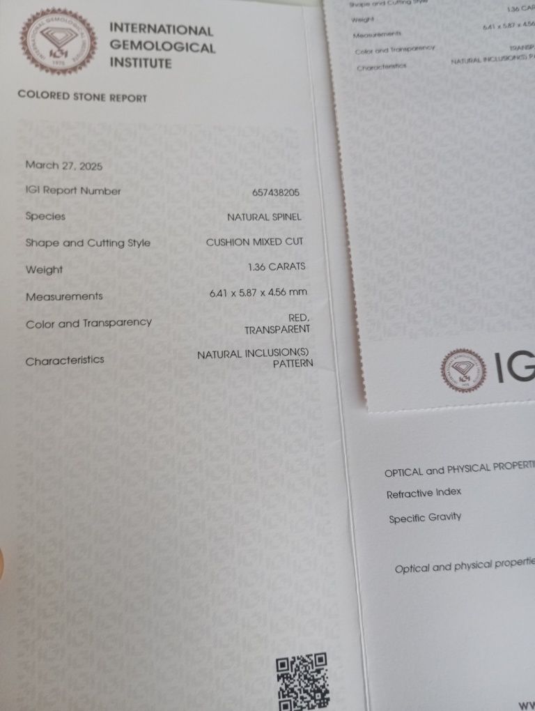 Espinélio natural vermelho 1.39cts certificação gemológico IGI
