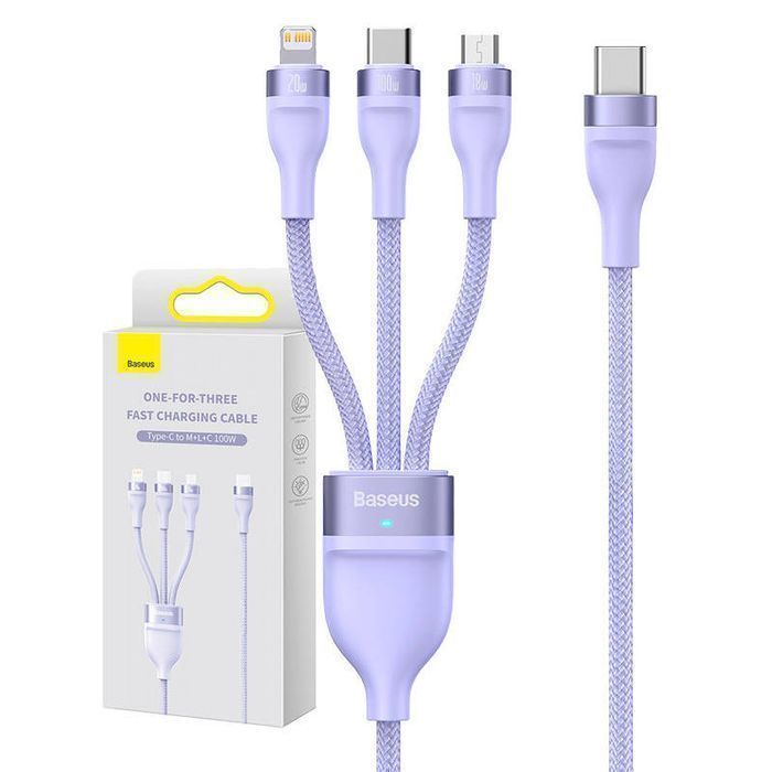 Kabel Baseus 3w1 100W USB-C microUSB Lightning 1.5m Fioletowy