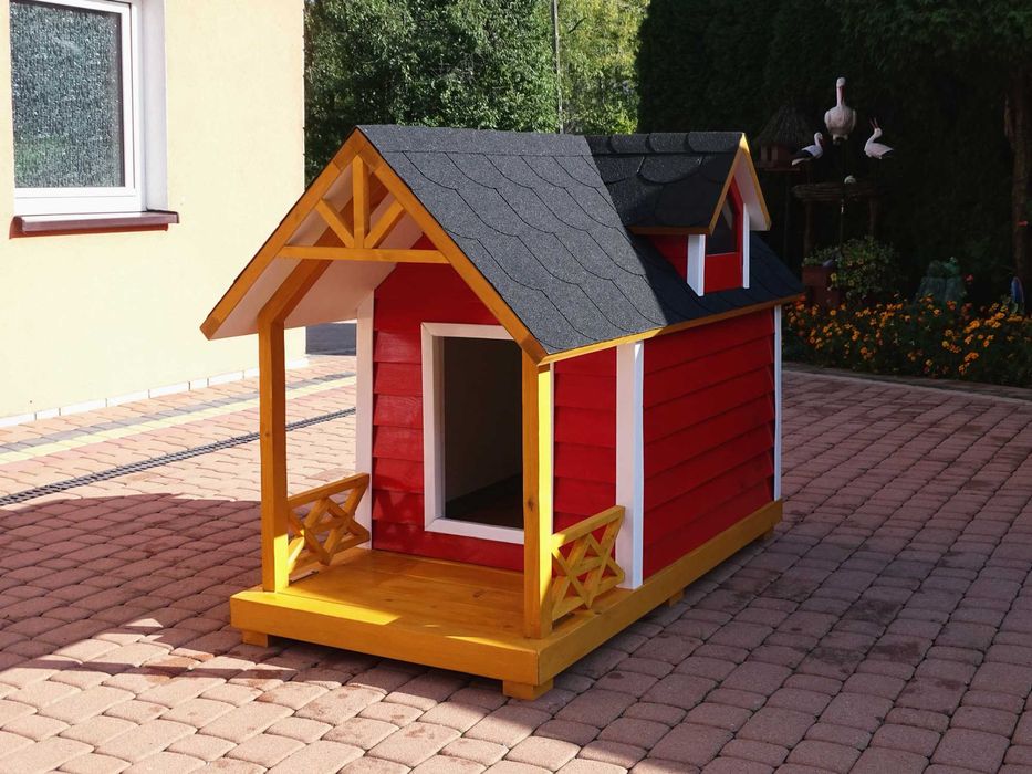 Buda dla psa z werandą i dwiema lukarnami w stylu skandynawskim L-XL