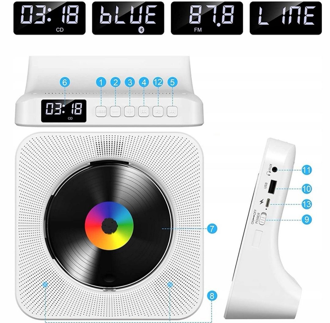 Odtwarzacz CD z funkcją Bluetooth Wbudowane dwa głośniki HiFi Radio FM