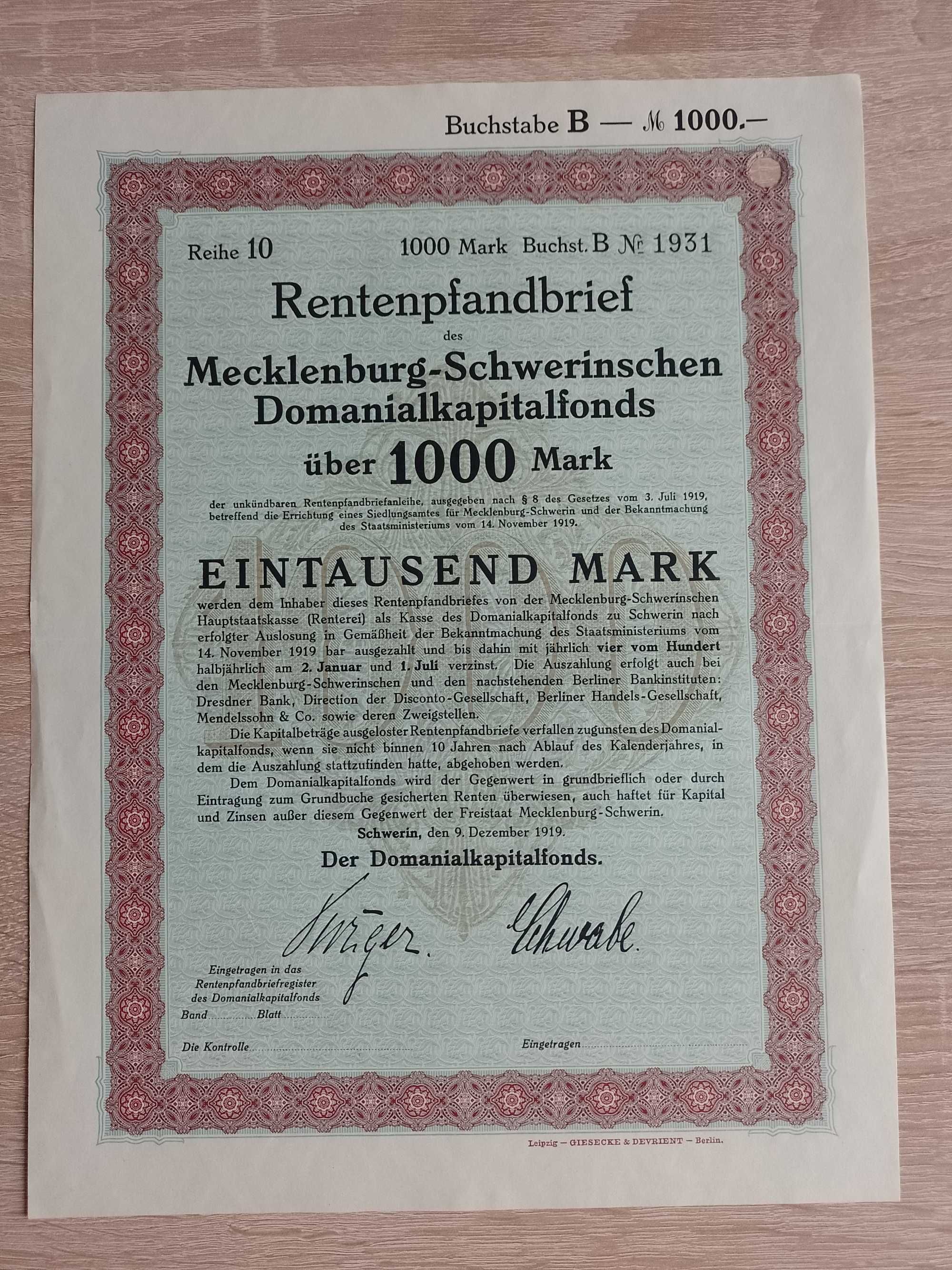 Akcje, fundusz kapitałowy, Niemcy 1919 r. 2 szt. zestaw