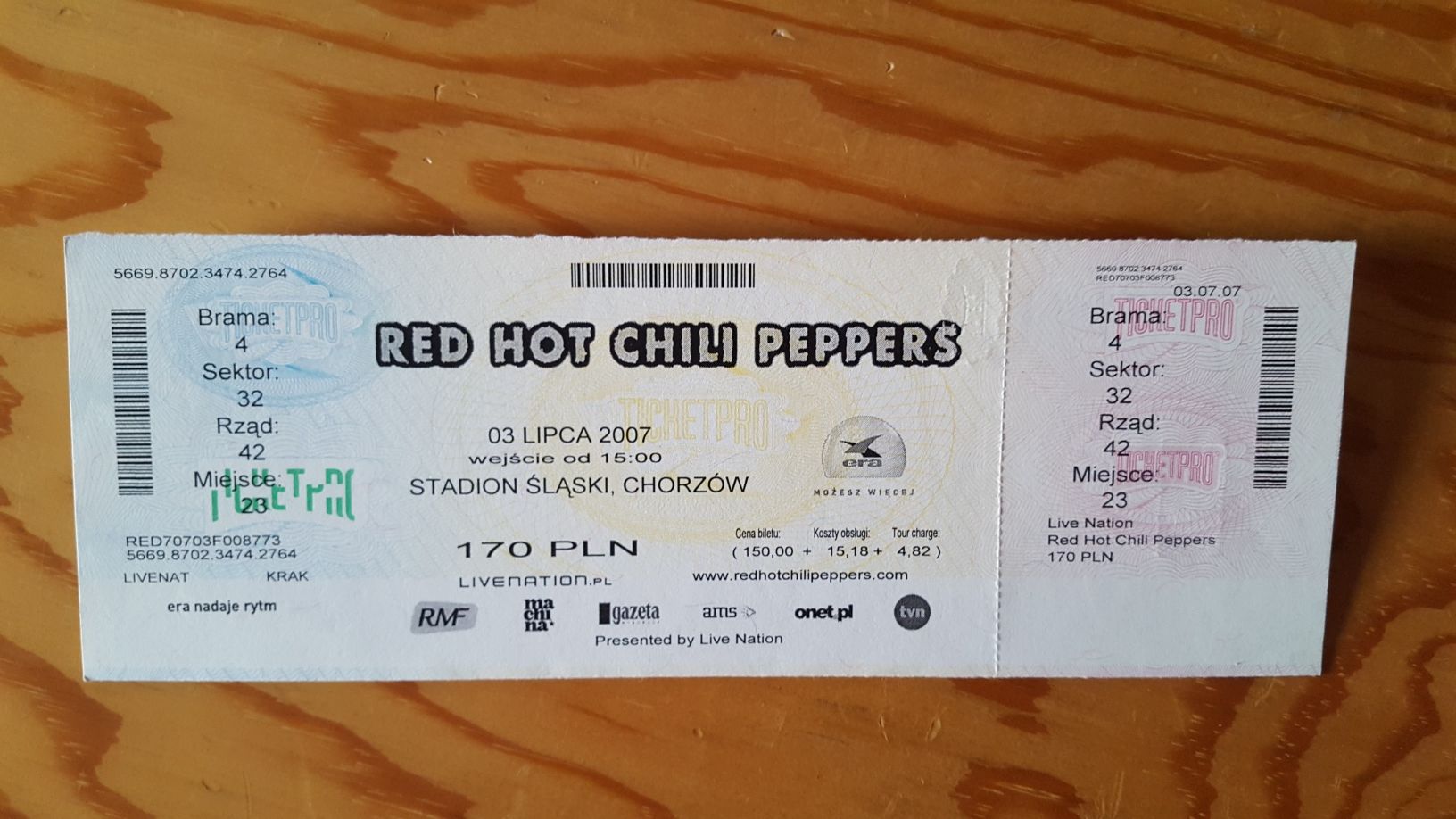 Archiwalny bilet z koncertu Red Hot Chilli Peppers z 2007