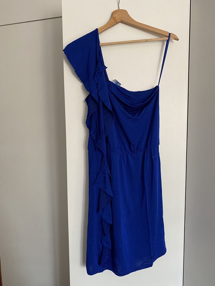 Granatowa niebieska sukienka zwiewna luźna na jedno ramię retro M 38
