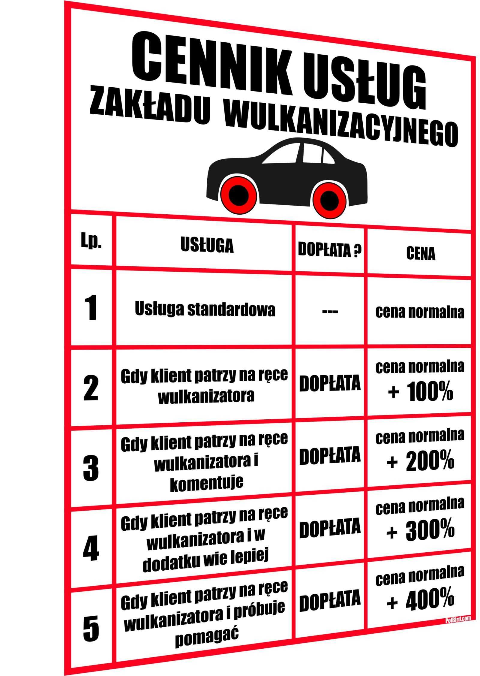 SUPER ŚMIESZNY ŻARTOBLIWY cennik wulkanizatora / wulkanizacja