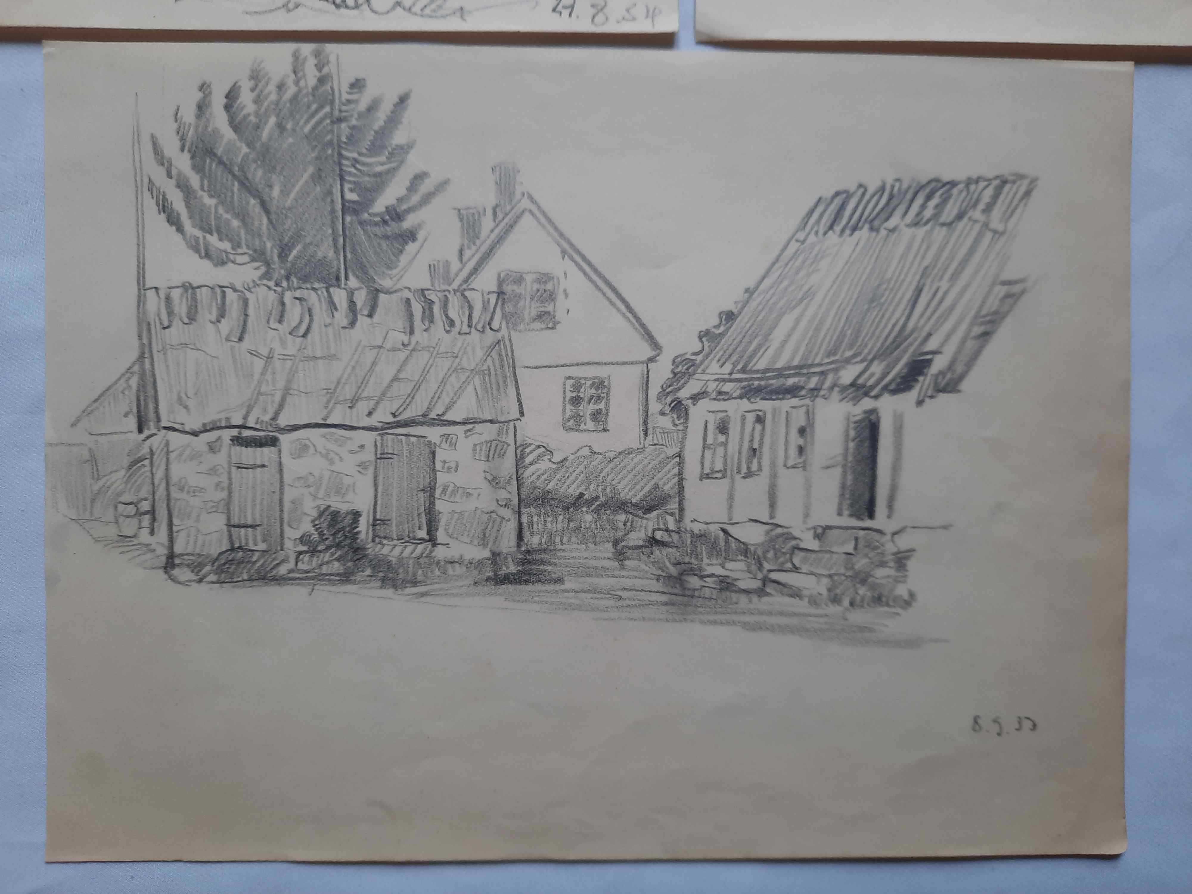 Wioska rybacka Stare przedwojenne rysunki 1933/1934 Zestaw 5 sztuk