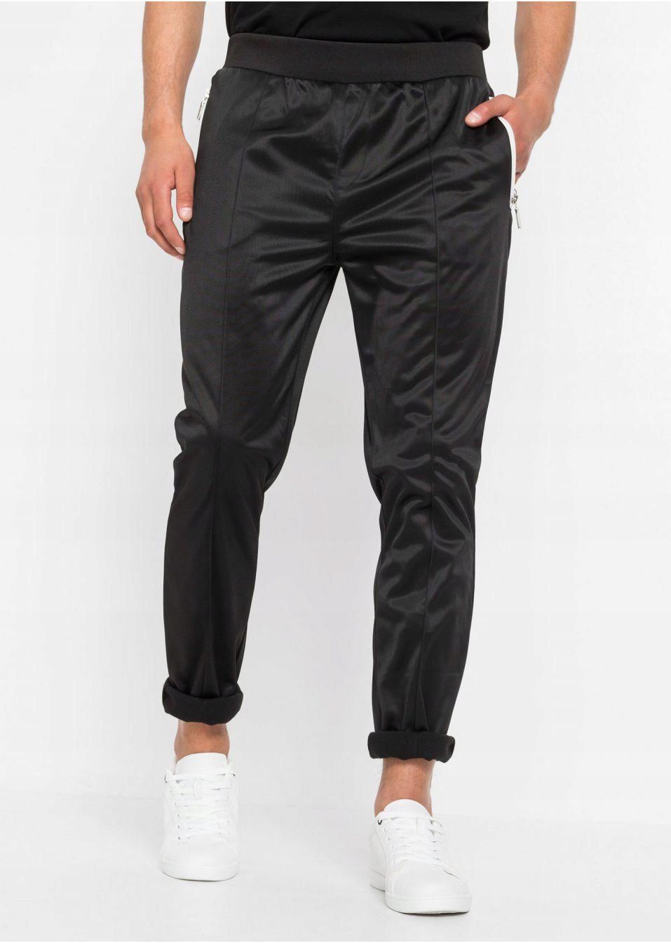 bonprix czarne długie błyszczące sportowe spodnie męskie zamki 60-62
