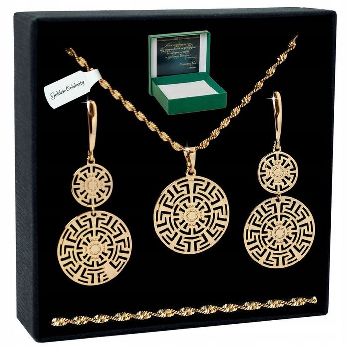 Złoty Komplet Biżuterii Stal Chirurgiczna Łańcuszek Zawieszka Kolczyki