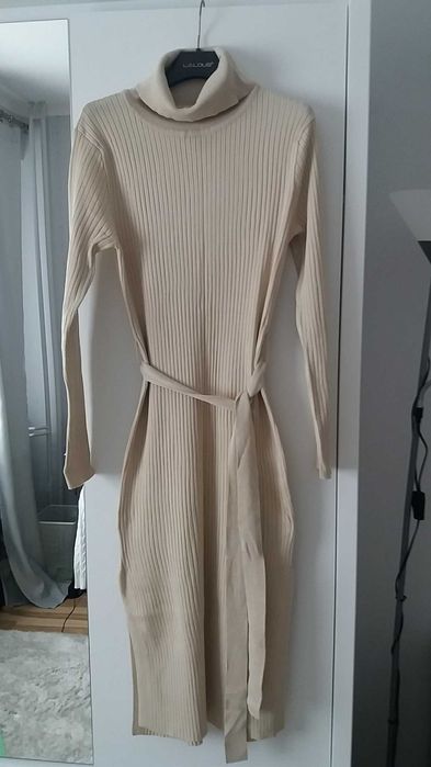 Sukienka dzianinowa prążek beż Bonprix 38/40