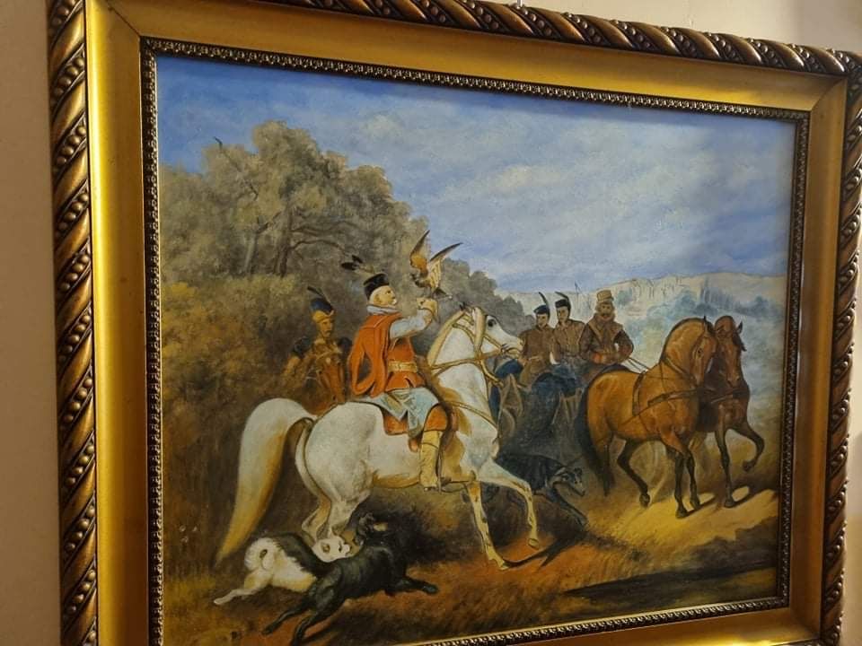 Obraz Olej na Desce Polowanie z Sokołem 76 x 63 cm