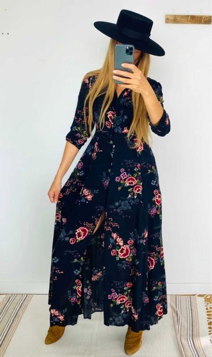 Zara dluga czarna koszulowa sukienka w kwiaty