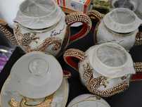 Vintage Japanese Geisha Lithophane Satsuma-Moriage Dragonware Tea Set
