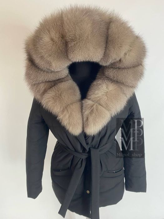 Женская зимняя чёрная куртка, пуховик с натуральным мехом песца, 42-54