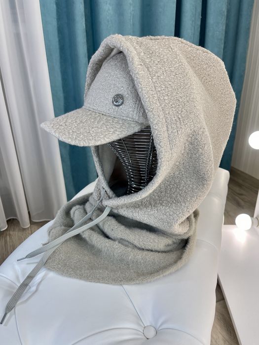 Женский капор на флисе+кепка тедди черный,молоко Жіночий капор+кепка