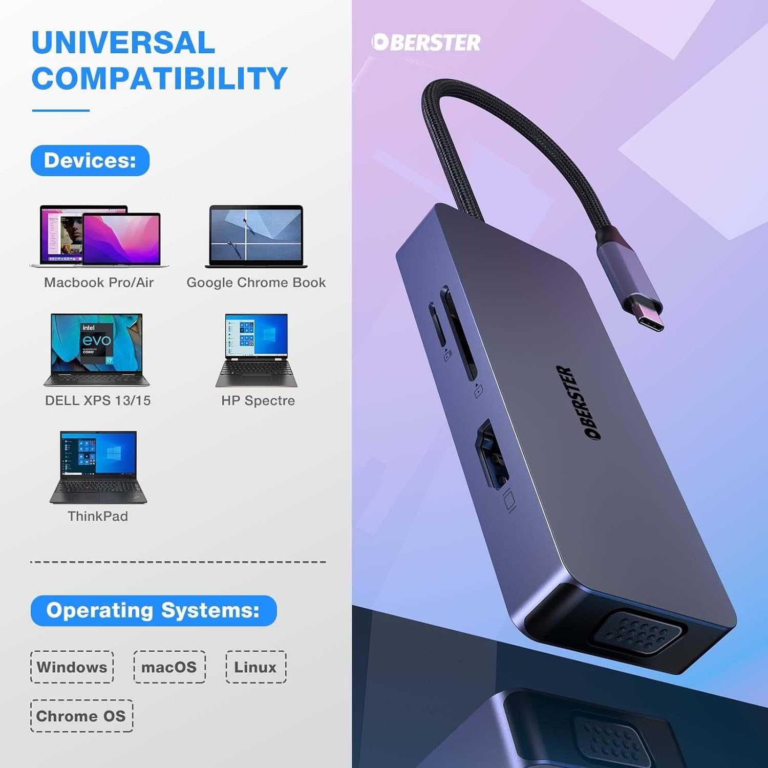 USB C Hub 4K HDMI, 6 em 1 tipo C 4K HDMI, VGA, 2 USB 2.0, SD/TF,