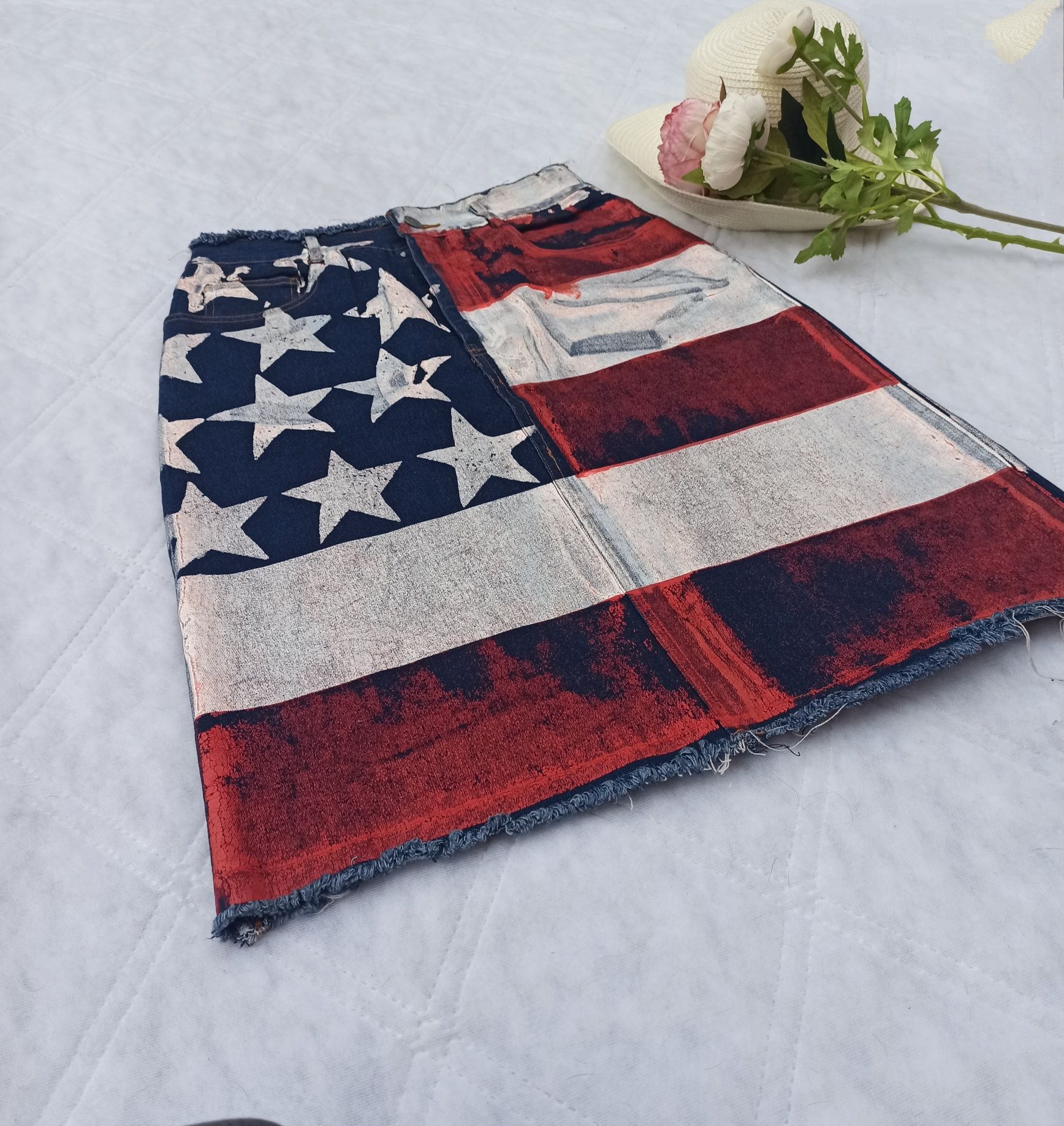 Jeansowa trapezowa spódnica malowana vintage flaga amerykańska 40