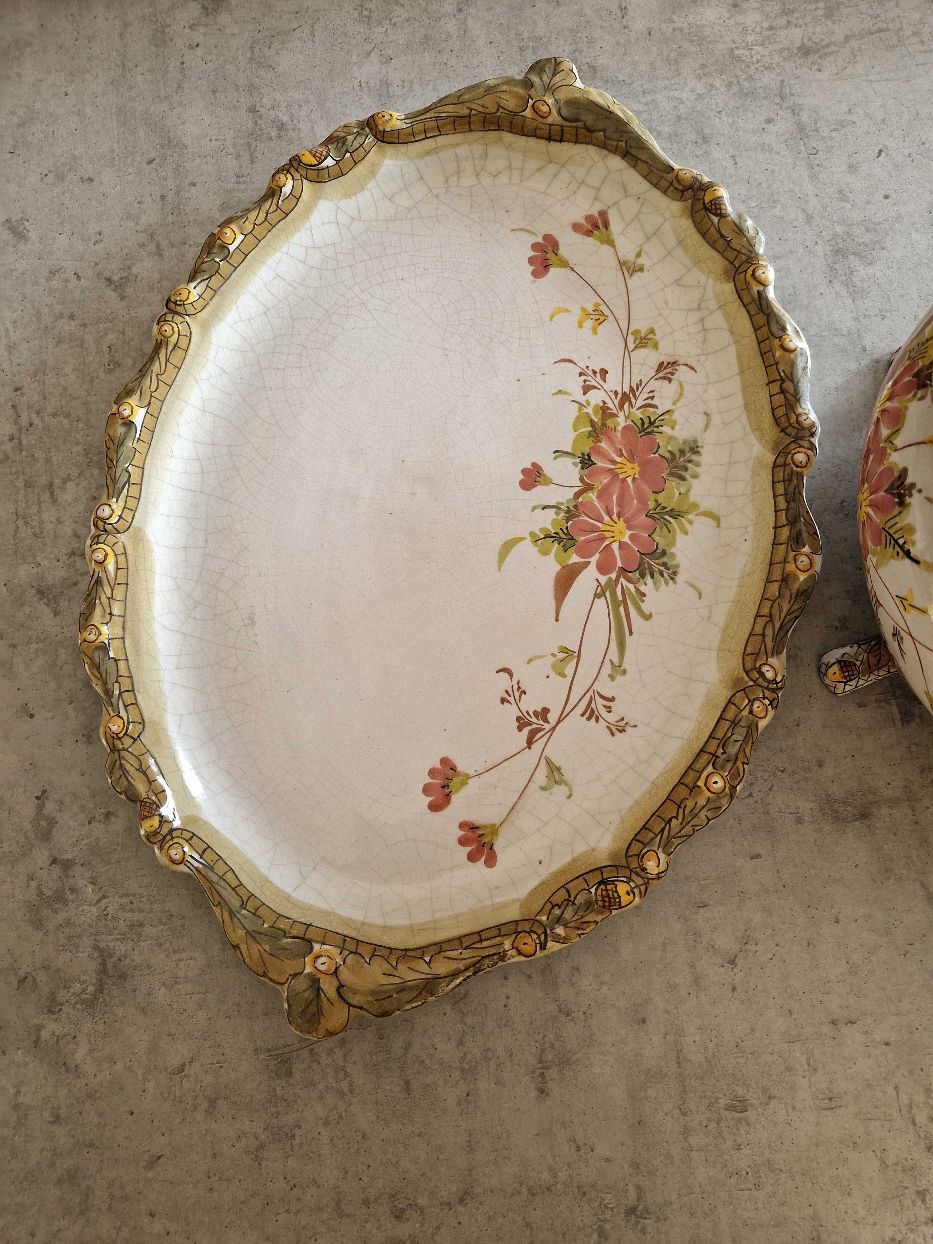 Terrina e prato vintage em faiança com assinatura