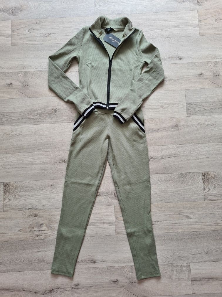 Komplet w prążek oliwka S/M dres damski bluza spodnie