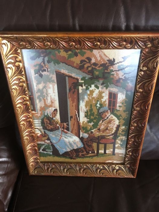 Stary obraz ręcznie wyszywany drewniana rama Babcia i Dziadek