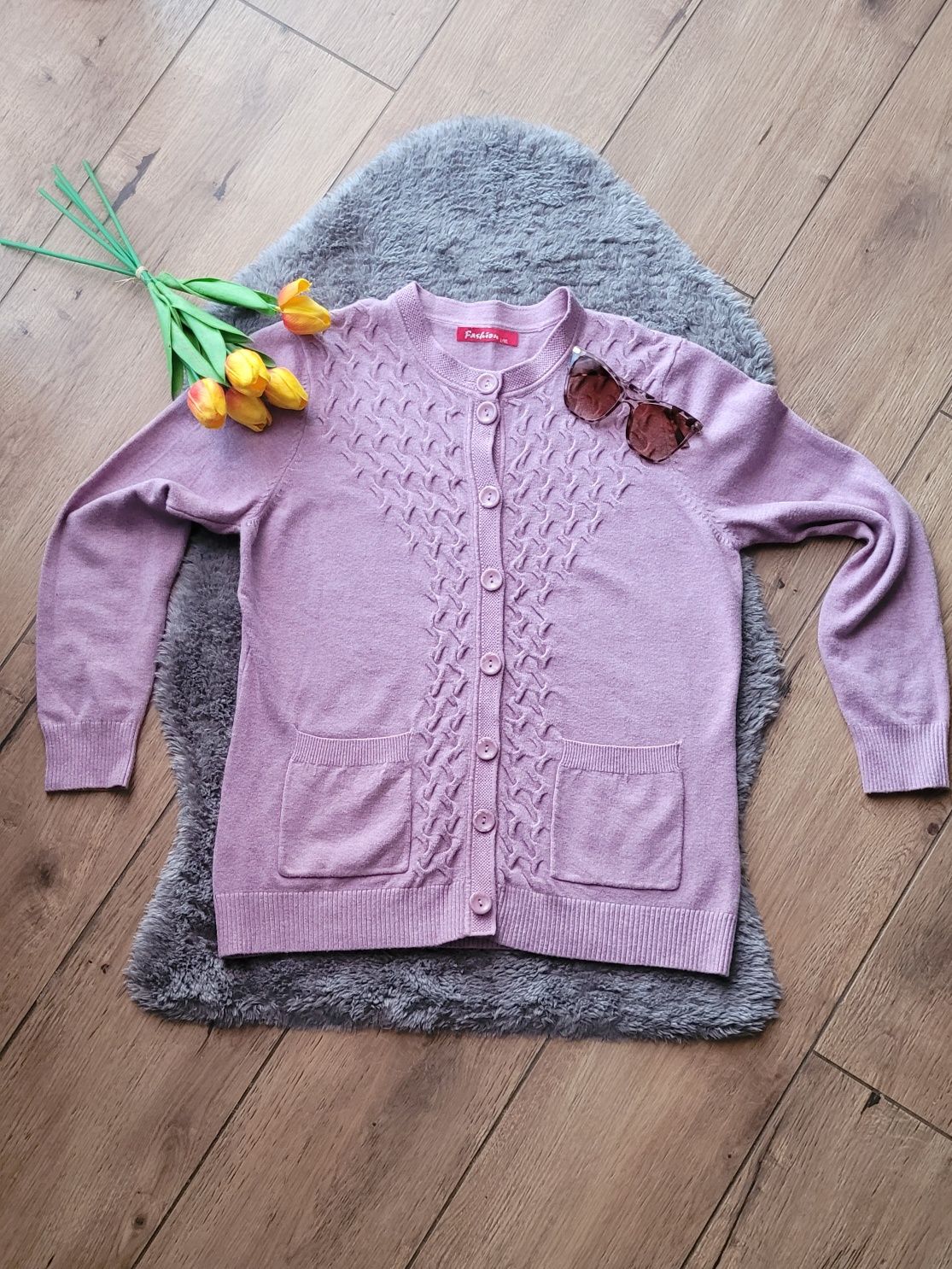 Rozpinany liliowy sweterek ciepły elegancki 35%bawełna pamut 25%viscoz