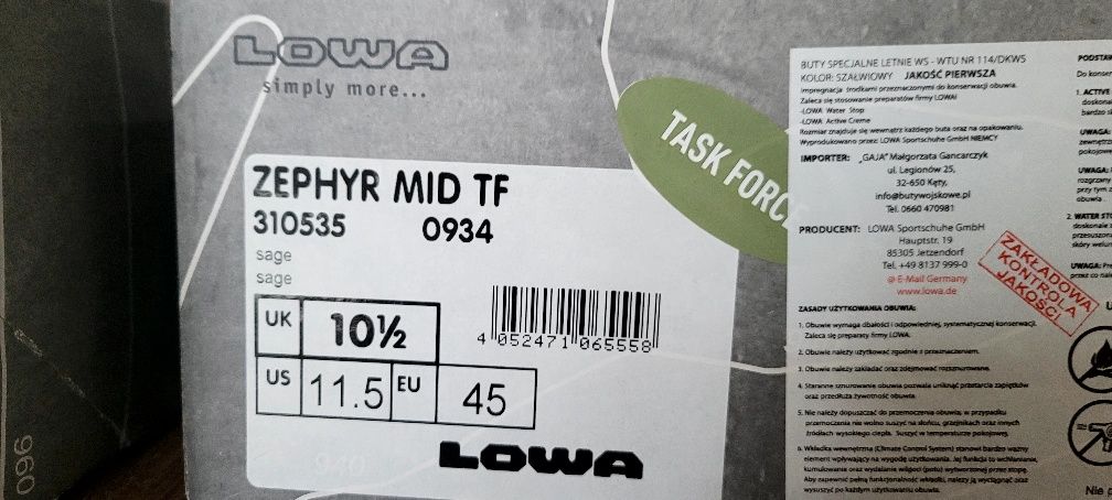 Nowe Buty Lowa Zephyr MID TF - 45 - Szałwia (Sage)