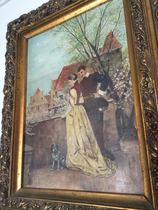 Pintura óleo assinada Brehm e datada 1903 talha dourada 58 cm
