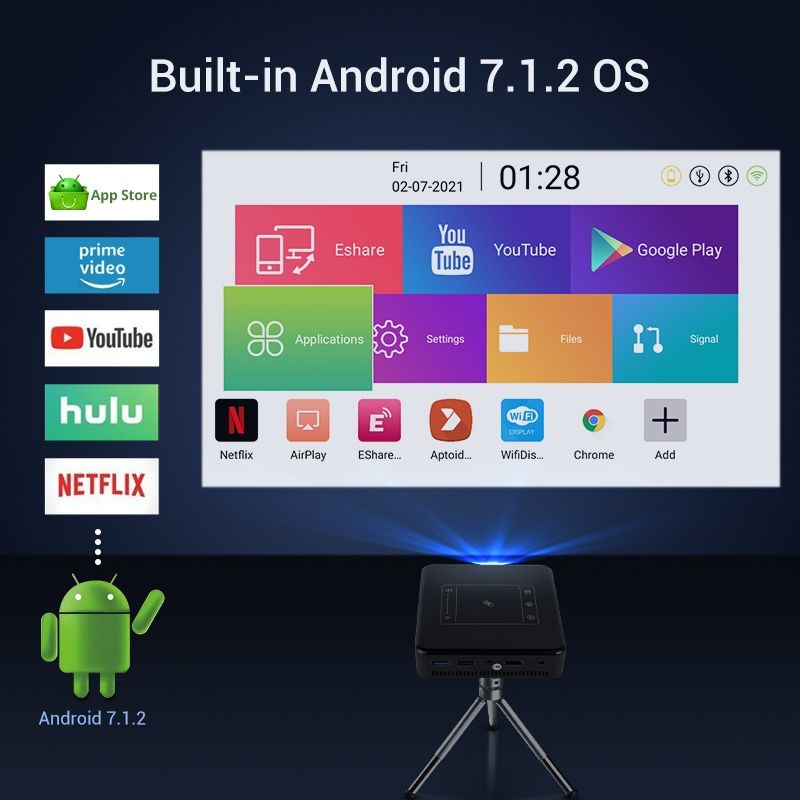 Mini projetor compatível com Full HD 1080P com Android