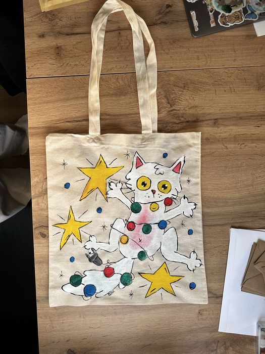 Bawełniana torba tote bag biały kot świąteczna święta prezent gwiazdki