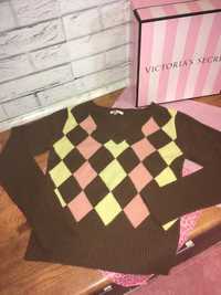 Sweter w romby różowy brązowy kremowy vintage krótszy  wełniany retro