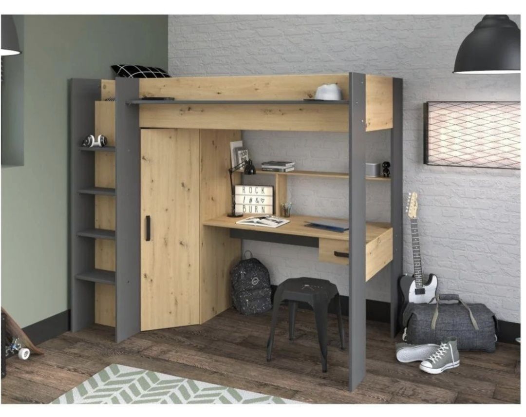 Cama alta com secretária e armário de 90 x 200 cm cor carvalho