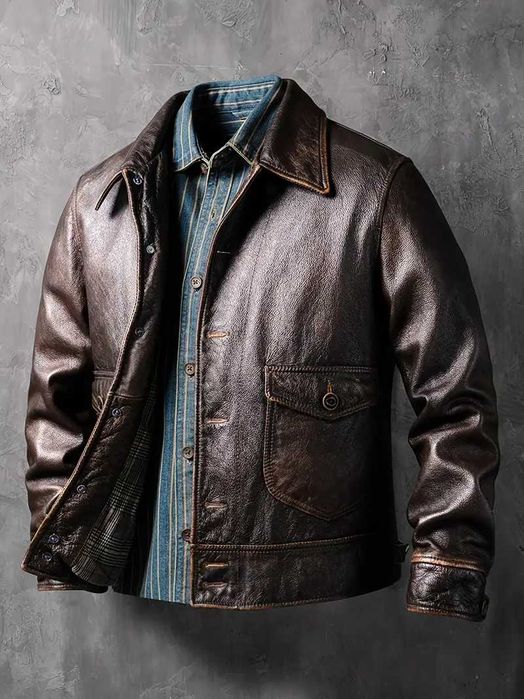 Męska kurtka vintage, brązowa kurtka typu bomber z zapięciem na guziki