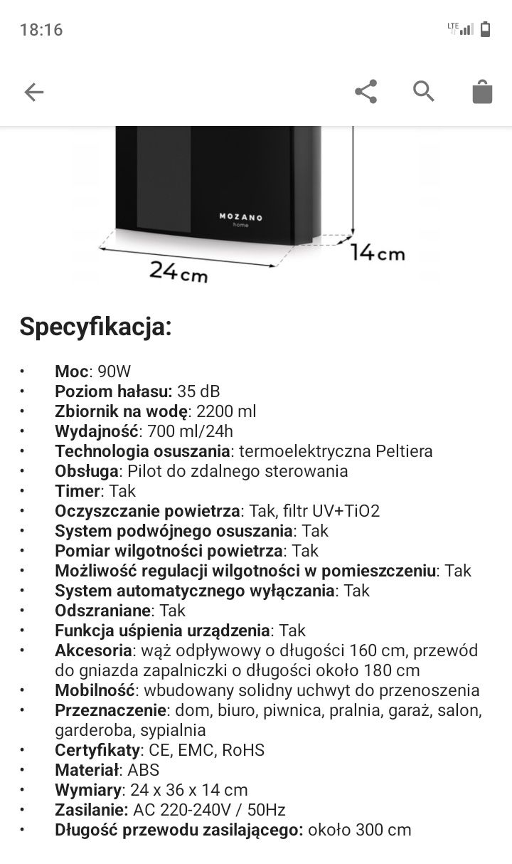 Osuszacz powietrza Mozano Dehumidifier DRDF z pilotem