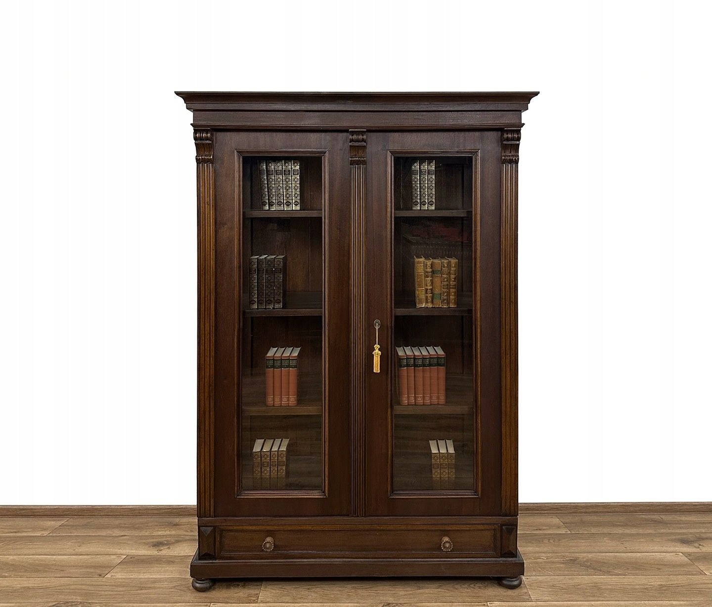BIBLIOTEKA WITRYNA XIX w. ANTYK rzeźbiona przeszklona szafa z szufladą
