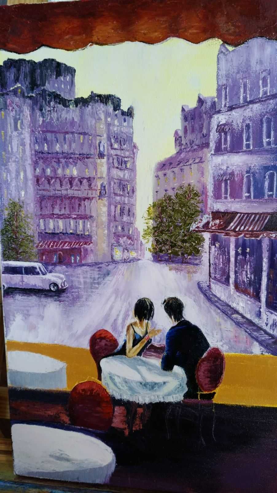 Картина масляными красками Город Дождь Кафе Интерьер Пейзаж