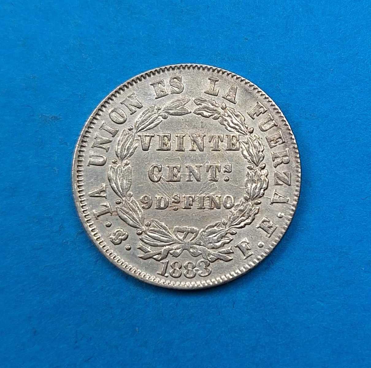 Boliwia 20 centavo rok 1883, bardzo dobry stan, srebro 0,900