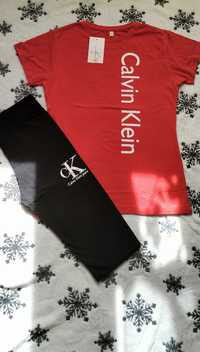 Komplet czerwony damski Calvin Kleina oszulka i leginsy XL