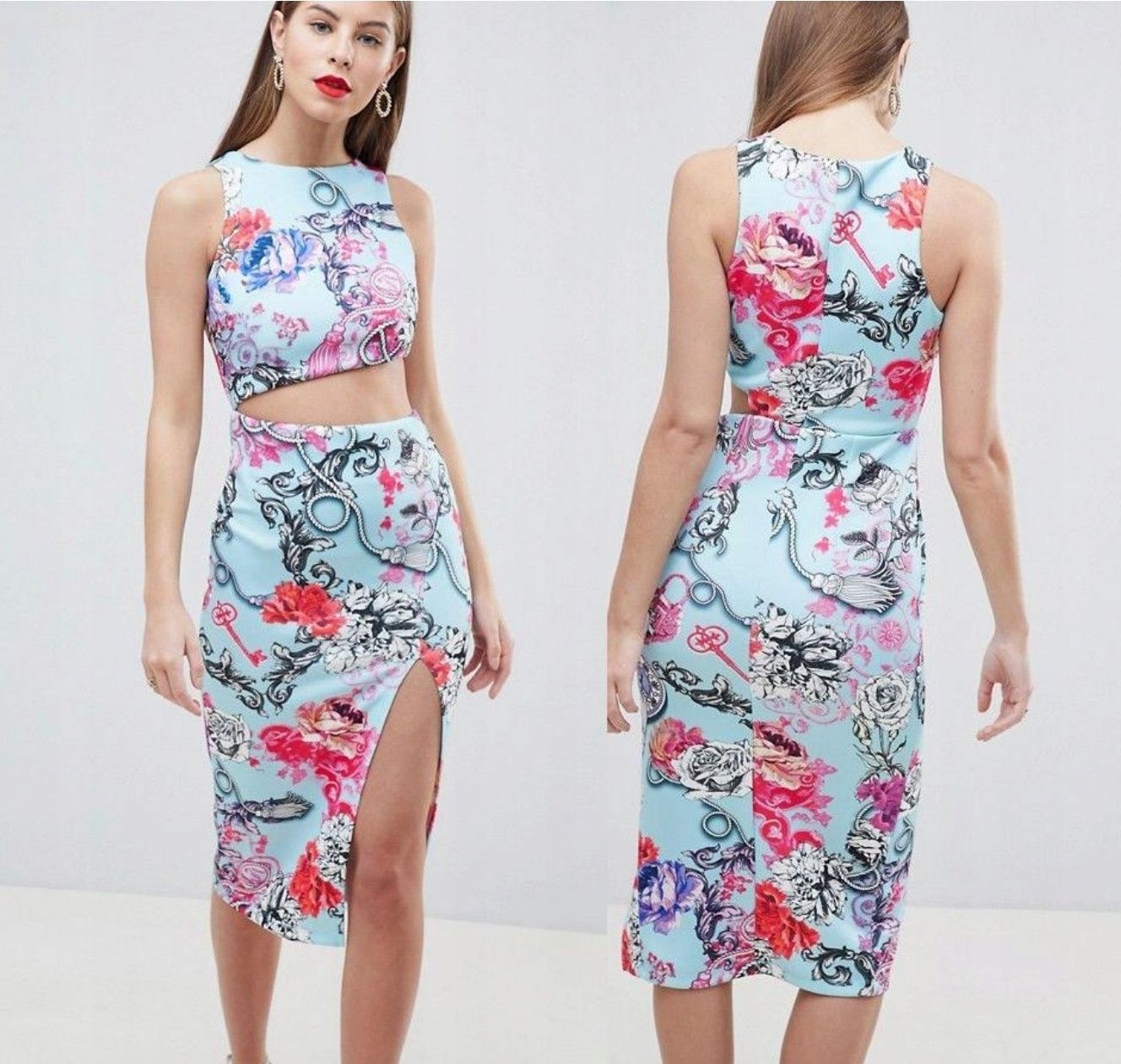 Asos 38 M Midi sukienka  Ołówkowa Wycięcie Floral Print Kwiaty