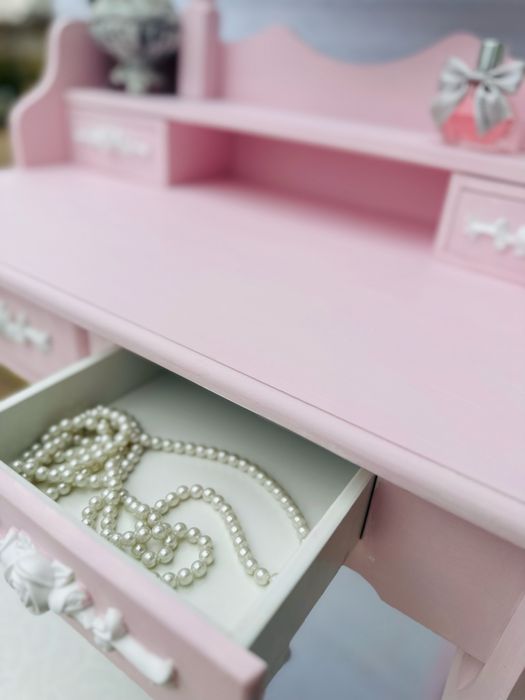 Toaletka z lustrem, pudrowy róż, GRATIS stołek