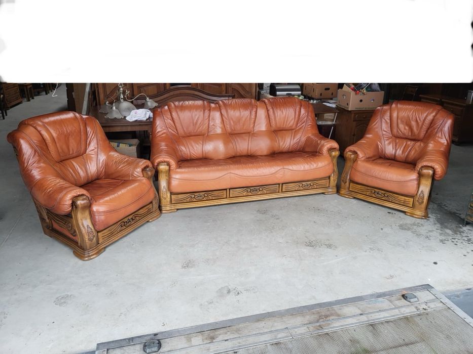 Wypoczynek ze skóry na dębowym stelażu z szufladami 3+1+1