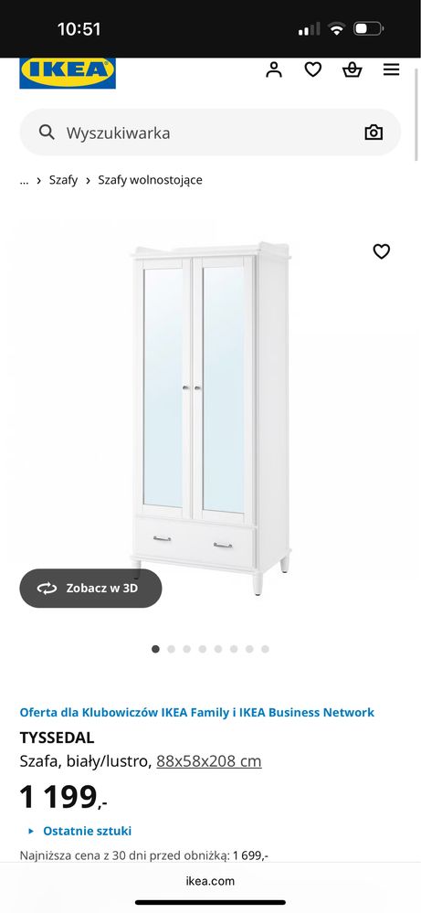 Szafa biała TYSSEDAL ikea wolnostojaca dziewczęca z lustrem kobieca