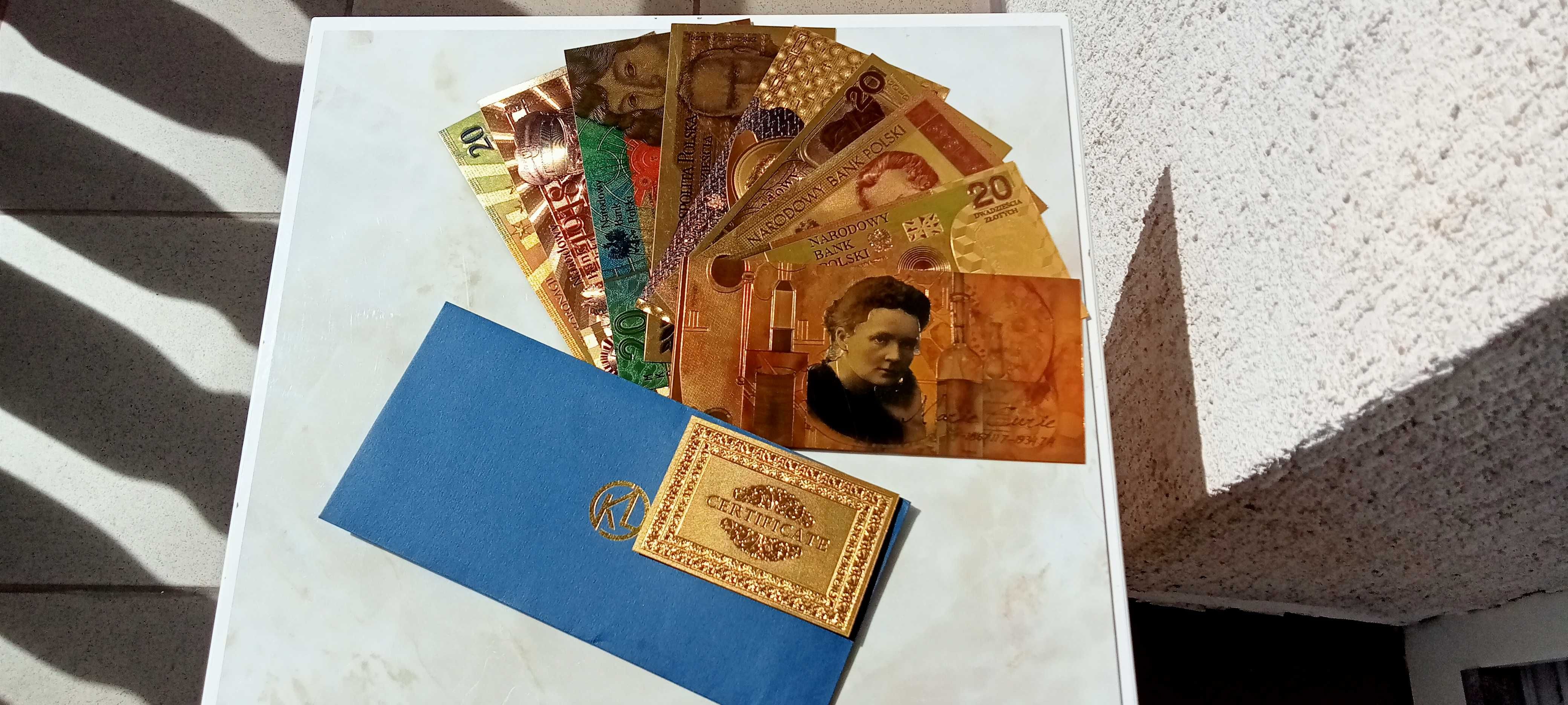 BANKNOTY pozłacana kolekcja  20 ZŁ banknotów  9 szt