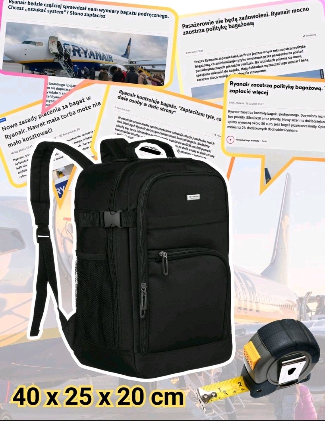 Plecak kabinowy bagaż osobisty ryanair wizzair do samolotu na wakacje