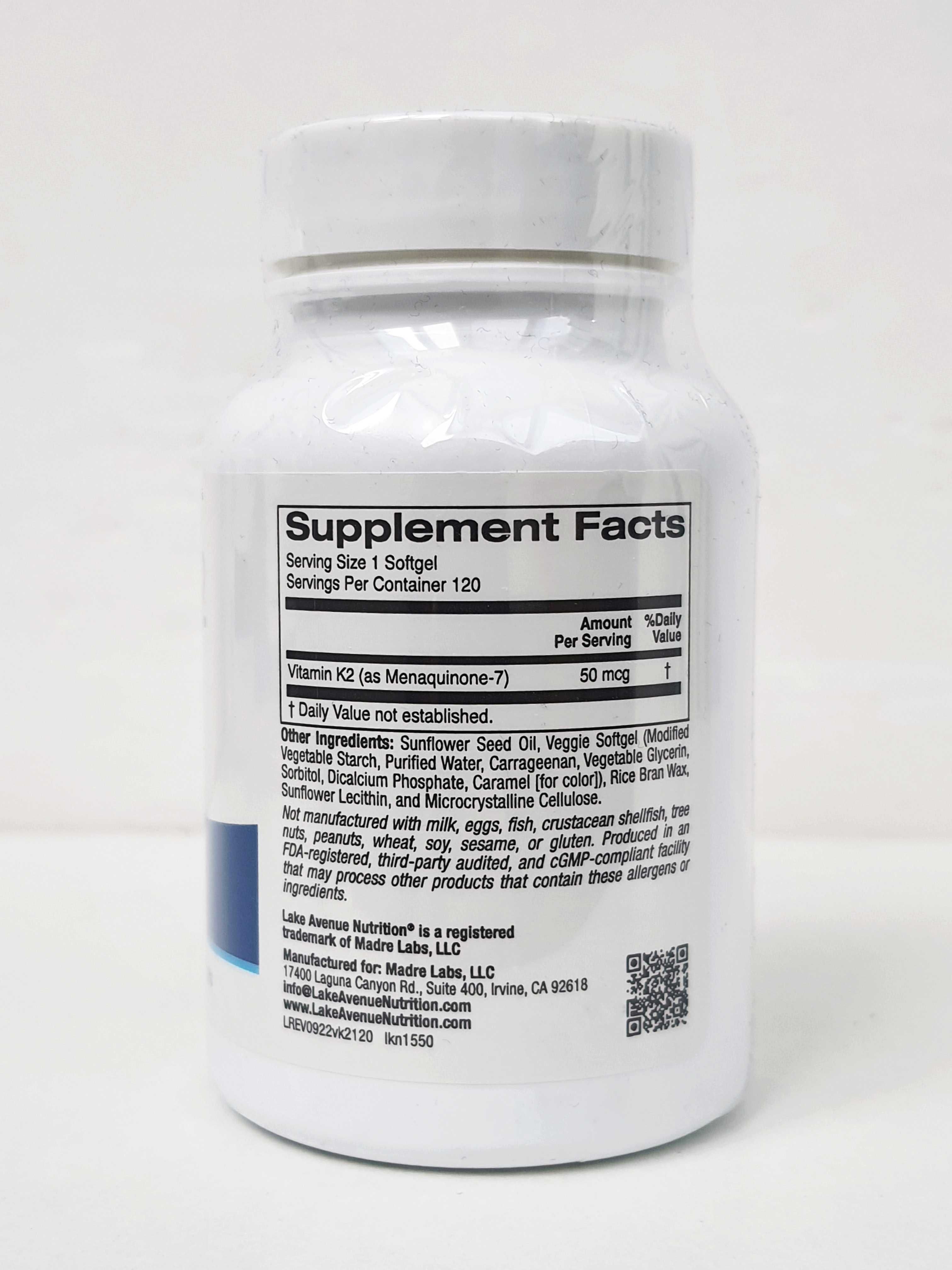 Вітамін K2 у формі MK-7 Lake Avenue Nutrition, 50 мкг, 120 капсул