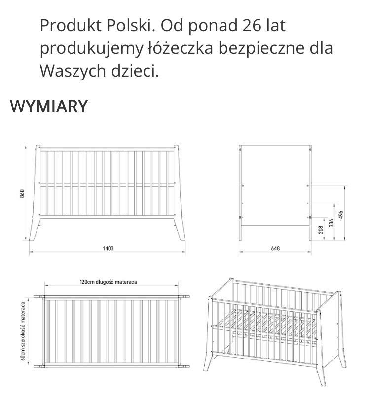 Łóżeczko dziecięce - Cosmo 120x60 + Materac Rucken