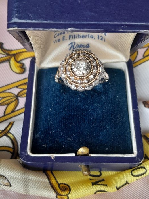 R.18 Zabytkowy Pierścionek Diamenty Złoto 12ct Srebro WYCENA