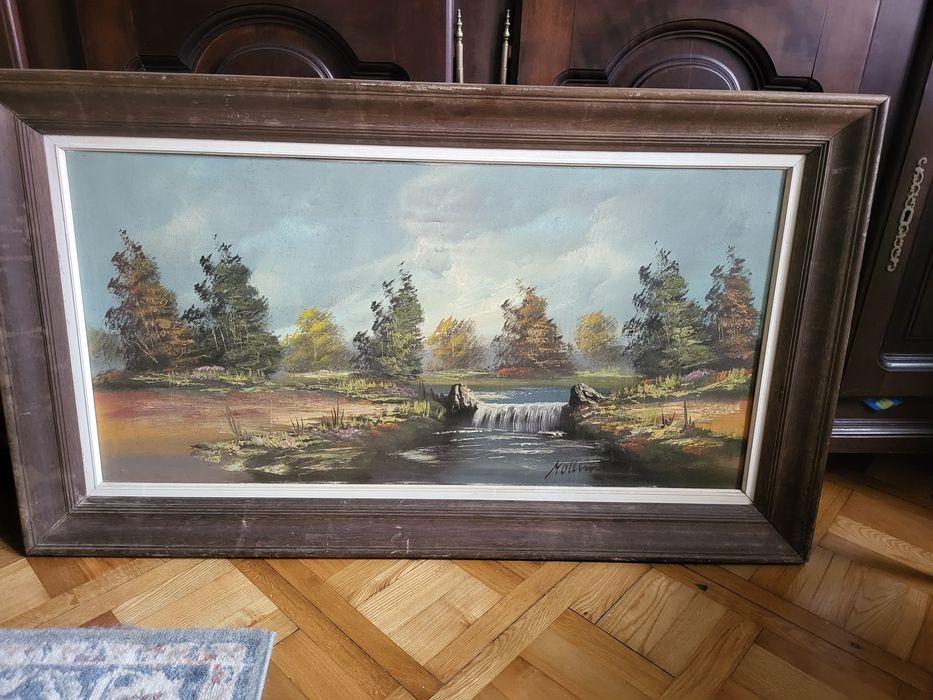 Stary obraz malowany na płótnie z grubą drewnianą ramą Kalisz