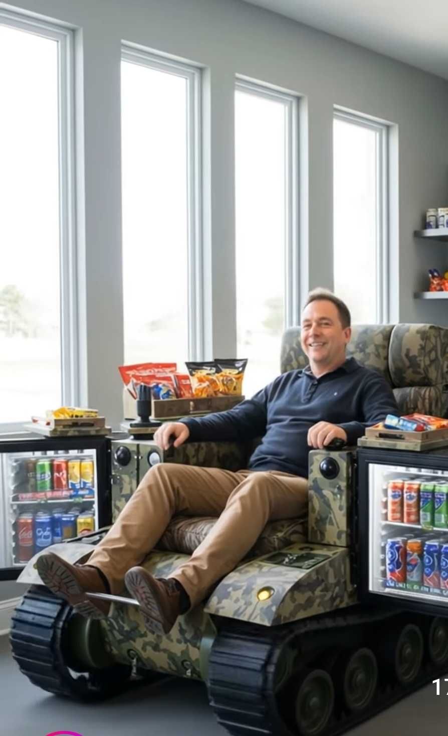 Pelnie funkcjonalne krzesło na kółkach z mini barem alkolowym 15 km/h.