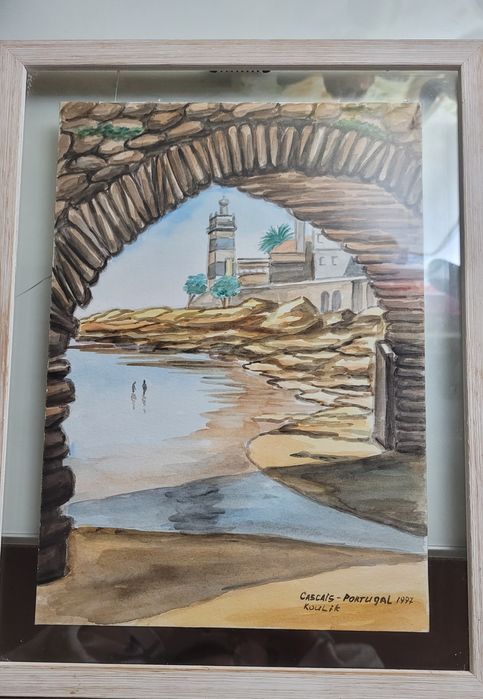Quadro com aguarela do farol sta marta cascais
